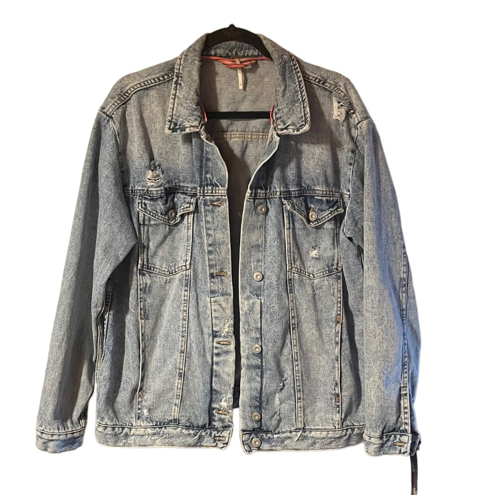 Free People Distressed Oversized Denim Jacket Medium